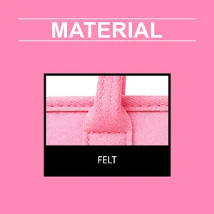 Primer plano del material de fieltro que muestra el asa rosa y las costuras cuidadas.