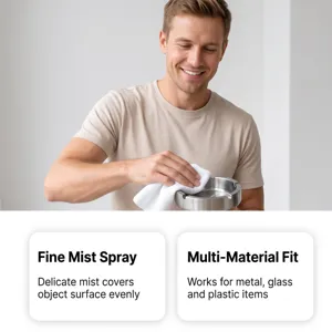 Détail du spray nettoyant pour cendrier, brume fine pour métal, verre et plastique.