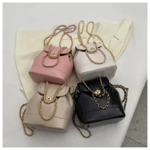 Details de mini sac à dos seau pour femme, design en cuir multicolore avec chaîne dorée.