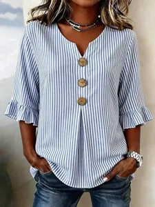 Fashion Women Summer Blue Striped V-Neck Shirt Casual Button Ruffle Sleeve Elegant Blouse Top