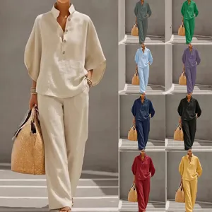 Damen Casual Langarm Stehkragen Hemd Und Lange Hosen Set Einfarbig Loose Zweiteiliges Outfit Pendler Anzug