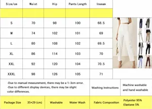 Women high waist straight suit pants size chart and detailed specifications for daily wear.