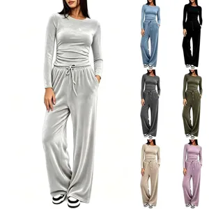 Damen Casual Langarm Top Und Hohe Taille Weite Beine Hose Einfarbig Samt Trainingsanzug Outfit