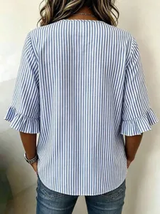 Chic blue and white striped V-neck blouse featuring charming ruffle half sleeves for summer.