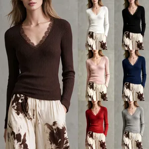 Damen Sexy V-Ausschnitt Langarm T-Shirt Französische Spitze Patchwork Schmale Passform Basic Einfarbig Pullover Top Casual Mode Kleidung