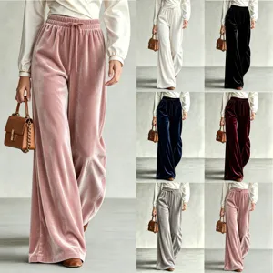 Damen Casual Einheitsfarbe Samt Weite Hose Hoher Bund Kordelzug Lange Hosen Herbst Winter Loose Unten