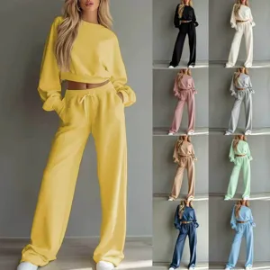 Damen Casual Einfarbig Langarm Sweatshirt Und Weite Beine Hosen Set Polyester Gestricktes Zweiteiliges Outfit