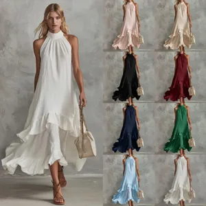 Damen Sommer Vintage Elegant Lässiger Einfarbig Halfter Ärmellos Rüschen Maxi Strand Kleid