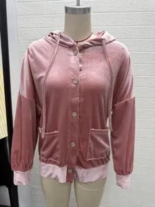 Pink velvet hooded cardigan jacket for women, casual long sleeve button up outerwear.