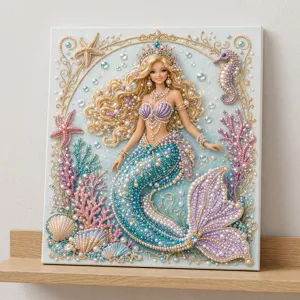 DIY ocean mermaid pearl diamond painting decorative canvas, exquisite handmade art piece.