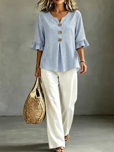 Women's casual blue white striped v-neck ruffle mid-sleeve button top shirt detail