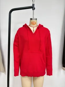 Red knitted hoodie detail, soft fabric, drawstring hood, kangaroo pocket, casual knitwear look.