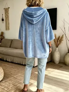 Women Casual Solid Color Velvet Hooded Top 3/4 Sleeve Spring Summer Fashion Shirt