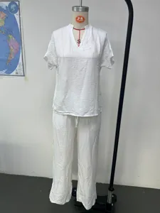 Lockerer Leinen V-Ausschnitt Kurzarm Hemd und Weites Bein Hosen Set Damen Sommer Detail.
