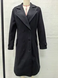 Damen schwarzer Wollmantel Winter zweireihig langarm Trenchcoat Freizeit warme Oberbekleidung