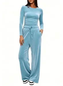 Einfarbiges Samt Langarm Oberteil und High-Waist Weit Bein Hosen Lounge Set Damen.