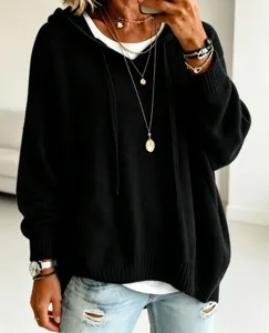 Oversized knitted hooded sweater for women, casual long sleeve pullover top for daily wear.