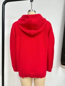 Red knitted hooded sweater, long sleeve pullover, solid color casual autumn winter women top view.