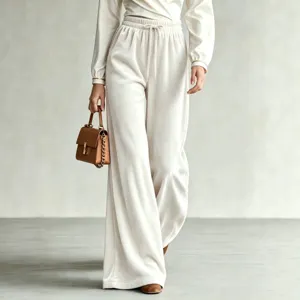 Detailansicht der eleganten Damen Samt Weites Bein Hosen mit hohem Bund und Kordelzug.