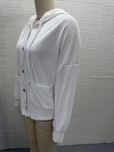 White velvet hoodie cardigan detail, soft texture fabric, hooded button design, long sleeves.