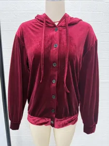 Samt Kapuzenjacke für Damen, langärmelig einfarbig Knöpfe lässiger Winter Cardigan Mantel.
