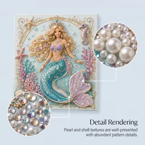 Close-up detail of rhinestone and pearl textures on the handmade ocean mermaid decorative painting.