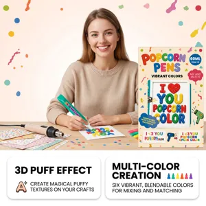 DIY 3D popcorn pennen set met 6 levendige kleuren en heteluchtpistool voor knutselplezier.