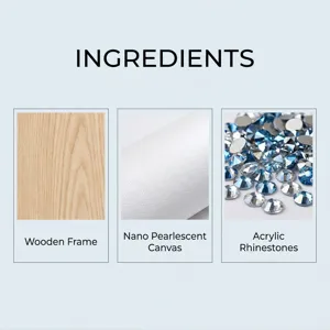 Material details of DIY diamond painting showing wooden frame, canvas, and acrylic rhinestones.