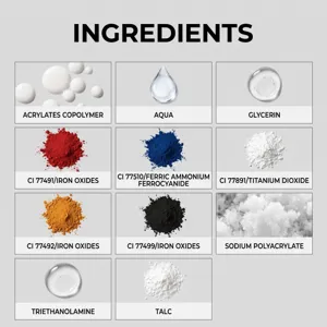 Detailed ingredient chart showcasing safe chemical components and colorful pigment powders for pens.
