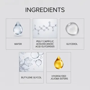 Infographie détaillée des ingrédients de soins avec composants actifs et extraits.