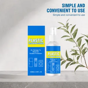 Kunststoff Vergilbungsreiniger Detailansicht mit Sprühflasche und Verpackung für Haushaltsgeräte.