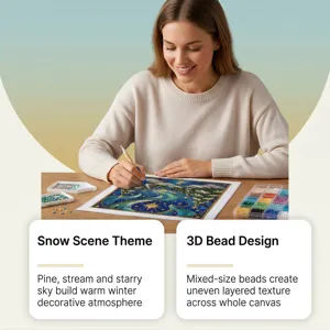DIY diamond painting kit with snow scene theme and 3d beads for relaxing home art decor.