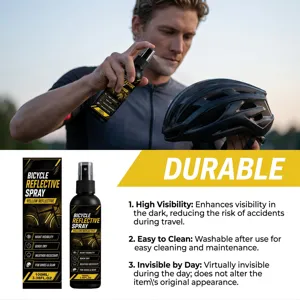 Gele nachtreflecterende spray voor helmen en fietsuitrusting voor betere zichtbaarheid.