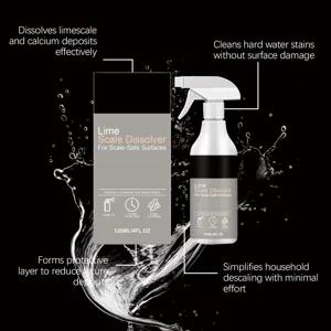 Vue detaillee du flacon de spray anti calcaire et de sa boite pour elimination des taches.