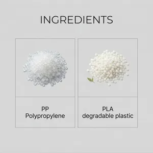 Image détaillée comparant les granulés plastiques PP et PLA pour bac de machine à laver.