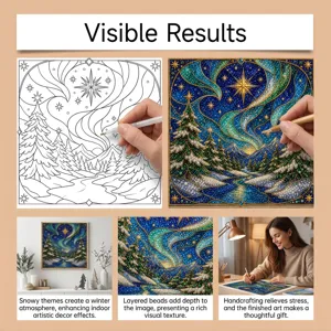 DIY winter aurora diamond painting detail showing layered beads and snowy forest.