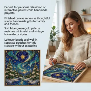 Close-up detail of winter aurora diamond painting kit, relaxing handmade craft for home decor.