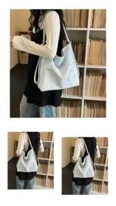 Large capacity women soft leather shoulder bag casual commuting backpack in light blue.