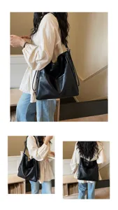Women large capacity soft leather shoulder bag casual crossbody commuter bag black
