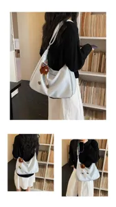 Women large capacity shoulder bag casual slouchy tote bag soft leather crossbody with plush charm