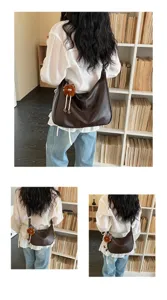 Women's simple large capacity hobo shoulder bag soft leather messenger tote with cute doll charm