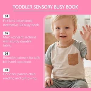 Detalle de libro sensorial de fieltro para niños con múltiples secciones y esquinas seguras.