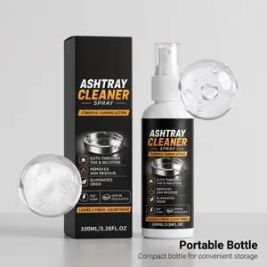 Vue détaillée du spray nettoyeur de cendrier avec action moussante puissante et flacon compact.