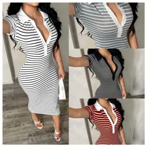 Damen Casual Elegantes Business Pendler Polo Kragen Langärmelig Gestreiftes Bodycon Midi Kleid Gestreiftes Strickkleid