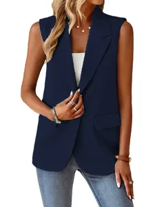 Damen dunkelblaue Revers Anzugweste ärmellos professionelle Pendler Cardigan Oberbekleidung