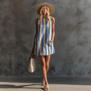 Abito mini senza maniche in lino a righe blu e bianco donna moda estate casual.