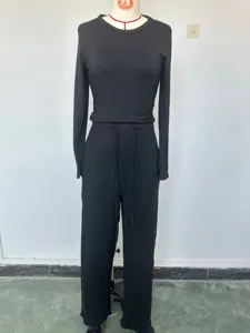 Solid color casual long sleeve top high waist wide leg pants set for women daily wear.