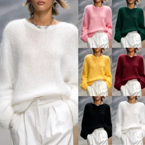 Women's Casual Alpaca Wool Blend Long Sleeve Crewneck Pullover Sweater Solid Color Loose Knit Soft Winter Warm Top