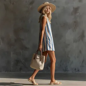 Abito mini in lino senza maniche a collo tondo rigato blu e bianco con cappello di paglia