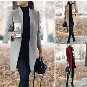 Damen Herbst Winter einfarbige Stehkragen Wollmantel Freizeit Langarm Oberbekleidung Jacken